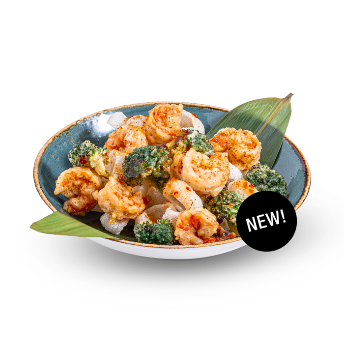 Langostinos con brocoli tempurizado
